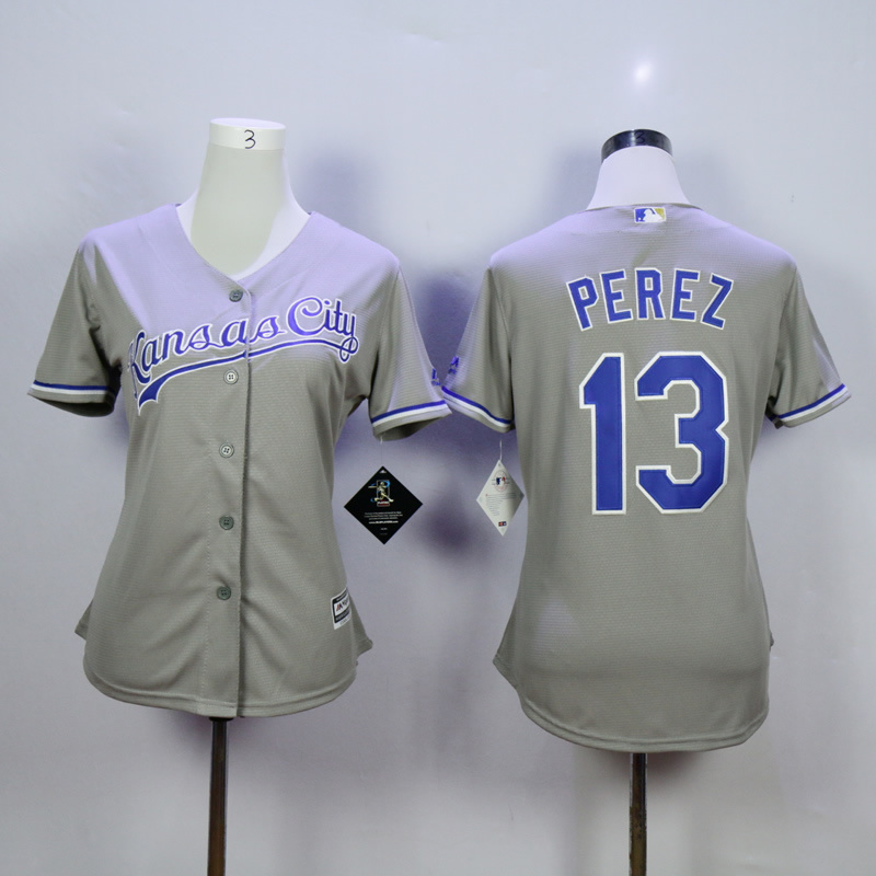 Women Kansas City Royals 13 Perez Grey MLB Jerseys